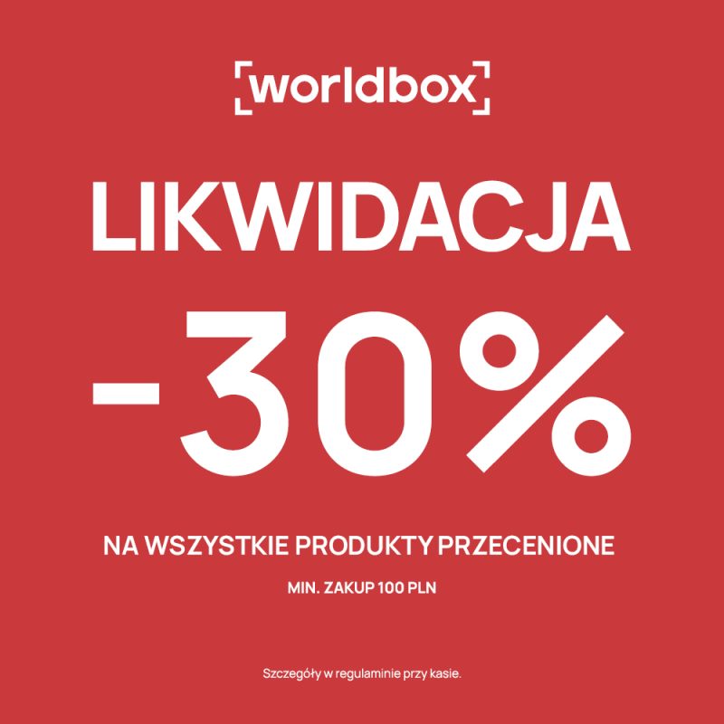 Grafika promocyjna marki Worldbox przedstawia czerwone tło z dużym białym napisem „LIKWIDACJA -30%”. Poniżej umieszczono informację „NA WSZYSTKIE PRODUKTY PRZECENIONE” przy minimalnym zakupie za 100 PLN, a na samej górze widnieje logo sklepu.