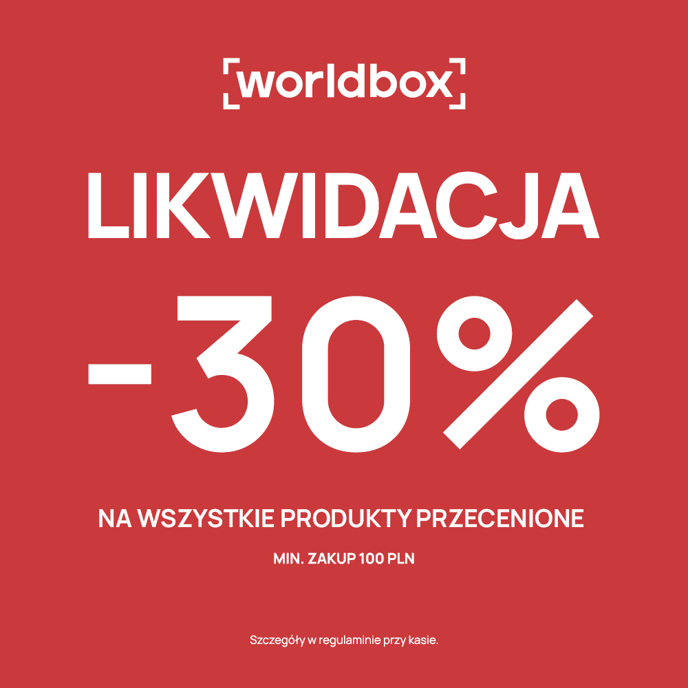 Grafika promocyjna marki Worldbox przedstawia czerwone tło z dużym białym napisem „LIKWIDACJA -30%”. Poniżej umieszczono informację „NA WSZYSTKIE PRODUKTY PRZECENIONE” przy minimalnym zakupie za 100 PLN, a na samej górze widnieje logo sklepu.