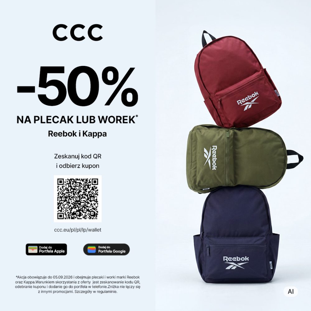 Kwadratowa grafika promocyjna sklepu CCC. Po lewej stronie czarne logo CCC, duży napis -50% NA PLECAK LUB WOREK Reebok i Kappa, kod QR z informacją Zeskanuj kod QR i odbierz kupon oraz ikony Dodaj do Portfela Apple i Portfela Google. Po prawej stronie trzy ułożone na sobie plecaki marki Reebok w kolorach bordowym, oliwkowym i granatowym.