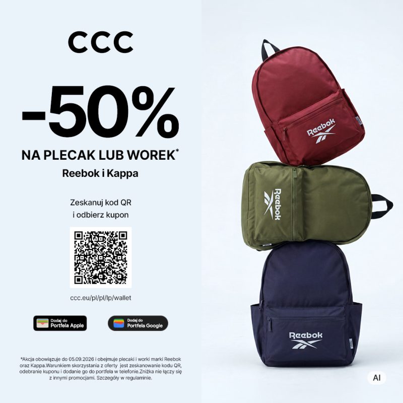 Kwadratowa grafika promocyjna sklepu CCC. Po lewej stronie czarne logo CCC, duży napis -50% NA PLECAK LUB WOREK Reebok i Kappa, kod QR z informacją Zeskanuj kod QR i odbierz kupon oraz ikony Dodaj do Portfela Apple i Portfela Google. Po prawej stronie trzy ułożone na sobie plecaki marki Reebok w kolorach bordowym, oliwkowym i granatowym.