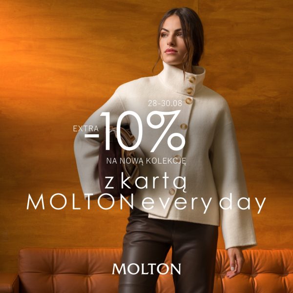 Kwadratowa grafika promocyjna marki Molton prezentująca kobietę, która ma na sobie beżowy sweter z długim rękawem. Na grafice znajdują się również napisy informujące o najnowszej promocji.