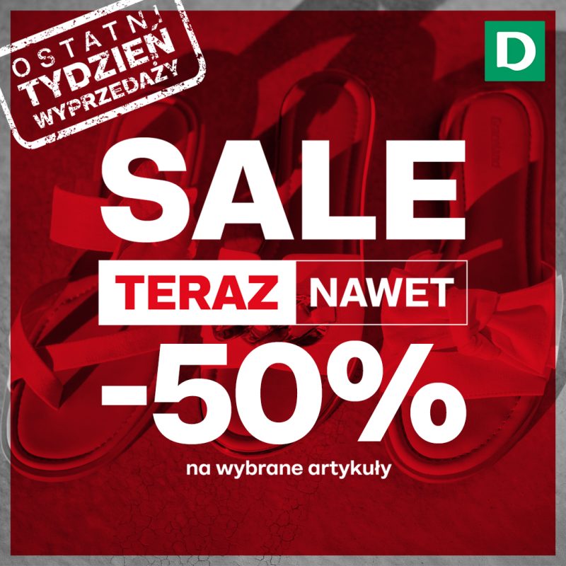 Czerwona grafika promocyjna marki Deichmann przedstawia w tle letnie sandały i klapki. Na pierwszym planie umieszczono napisy informujące o ostatnim tygodniu wyprzedaży oraz rabacie do -50% na wybrane artykuły.