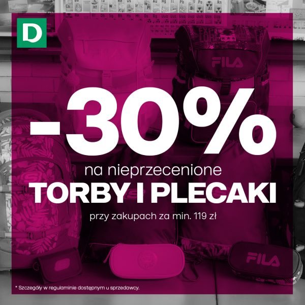 Kwadratowa grafika promocyjna w fioletowo-różowej tonacji przedstawiająca półkę z plecakami i piórnikami marek Fila oraz Skechers. Na środku duży biały napis -30% na nieprzecenione TORBY I PLECAKI przy zakupach za min. 119 zł. W lewym górnym rogu zielone logo marki Deichmann z literą D. U dołu drobny napis z informacją o szczegółach w regulaminie.