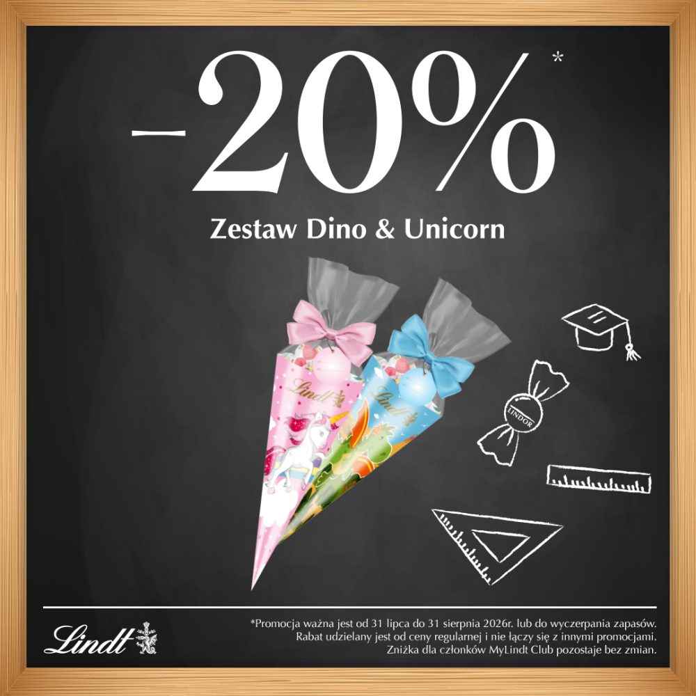 Grafika promocyjna marki Lindt przedstawia czarną tablicę szkolną z dużym napisem „-20%” dotyczącym zestawu Dino & Unicorn. Na środku umieszczono dwa rożki obfitości – różowy z jednorożcem i niebieski z dinozaurem – ozdobione kokardami, a w tle widnieją kredowe rysunki przyborów szkolnych.