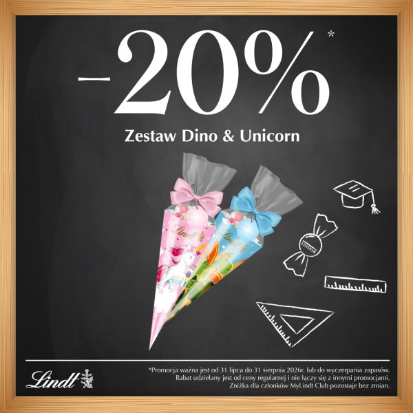 Grafika promocyjna marki Lindt przedstawia czarną tablicę szkolną z dużym napisem „-20%” dotyczącym zestawu Dino & Unicorn. Na środku umieszczono dwa rożki obfitości – różowy z jednorożcem i niebieski z dinozaurem – ozdobione kokardami, a w tle widnieją kredowe rysunki przyborów szkolnych.