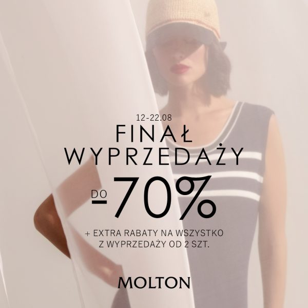 Grafika promocyjna marki Molton przedstawia kobietę w dzianinowej bluzce w paski i letnim kapeluszu, zasłoniętą półprzezroczystą tkaniną. Na pierwszym planie umieszczono napis „FINAŁ WYPRZEDAŻY DO -70%” wraz z datą 12-22.08, informacją o extra rabatach od 2 sztuk oraz logo marki.