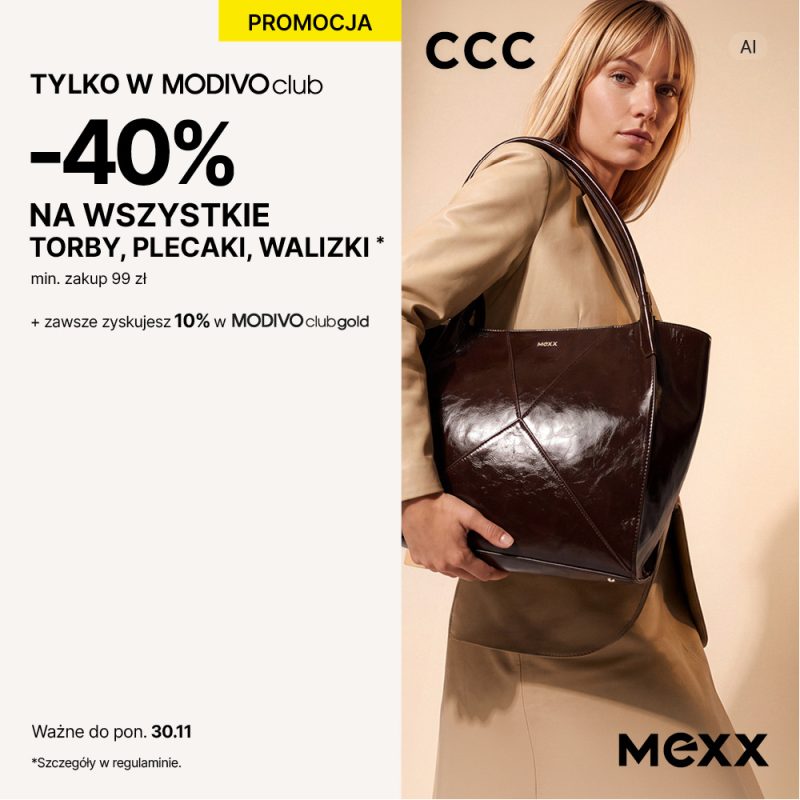 Grafika promocyjna sieci CCC informująca o ofercie „TYLKO W MODIVOclub” z rabatem -40% na wszystkie torby, plecaki i walizki przy minimalnej kwocie zakupu 99 zł, ważnej do poniedziałku 30.11. Po prawej stronie widoczna jest kobieta w beżowym płaszczu prezentująca ciemnobrązową torebkę marki Mexx. W górnej części znajduje się logo CCC, a w prawym dolnym rogu logo Mexx.
