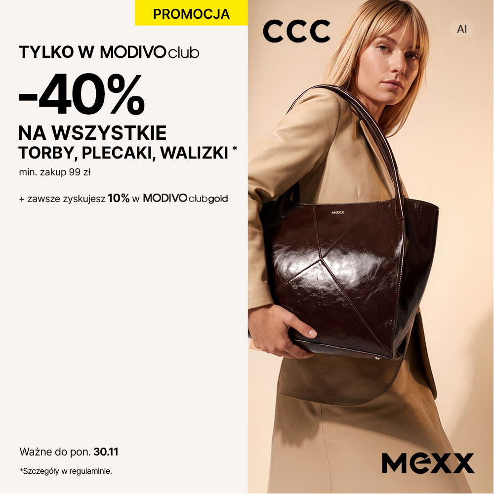 Grafika promocyjna sieci CCC informująca o ofercie „TYLKO W MODIVOclub” z rabatem -40% na wszystkie torby, plecaki i walizki przy minimalnej kwocie zakupu 99 zł, ważnej do poniedziałku 30.11. Po prawej stronie widoczna jest kobieta w beżowym płaszczu prezentująca ciemnobrązową torebkę marki Mexx. W górnej części znajduje się logo CCC, a w prawym dolnym rogu logo Mexx.