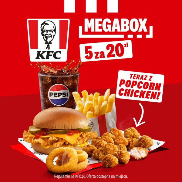 Czerwona kwadratowa grafika promocyjna restauracji KFC prezentująca zestaw MEGABOX w cenie 5 za 20 zł. Na pierwszym planie umieszczono burgera z panierowanym kurczakiem, serem i ogórkiem, porcję frytek, złociste krążki cebulowe, kubek Pepsi z Wielką Dolewką oraz porcję kąsków Popcorn Chicken wskazaną białą strzałką z napisem TERAZ Z POPCORN CHICKEN!. W tle widnieje logo marki KFC.