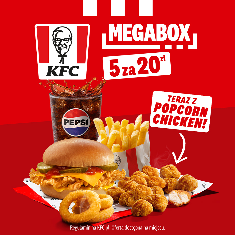 Czerwona kwadratowa grafika promocyjna restauracji KFC prezentująca zestaw MEGABOX w cenie 5 za 20 zł. Na pierwszym planie umieszczono burgera z panierowanym kurczakiem, serem i ogórkiem, porcję frytek, złociste krążki cebulowe, kubek Pepsi z Wielką Dolewką oraz porcję kąsków Popcorn Chicken wskazaną białą strzałką z napisem TERAZ Z POPCORN CHICKEN!. W tle widnieje logo marki KFC.