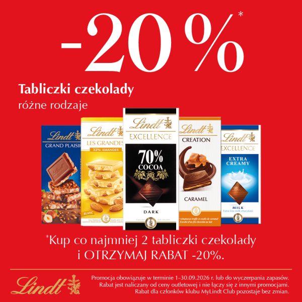 Kwadratowa grafika promocyjna marki Lindt na czerwonym tle. Na samej górze znajduje się duży biały napis -20%, a poniżej napis Tabliczki czekolady różne rodzaje. W centralnej części zaprezentowano pięć tabliczek czekolady Lindt (m.in. Grand Plaisir, Les Grandes, Excellence 70%, Creation Caramel oraz Excellence Extra Creamy). Na dole widnieje biały napis Kup co najmniej 2 tabliczki czekolady i OTRZYMAJ RABAT -20% oraz złote logo Lindt.