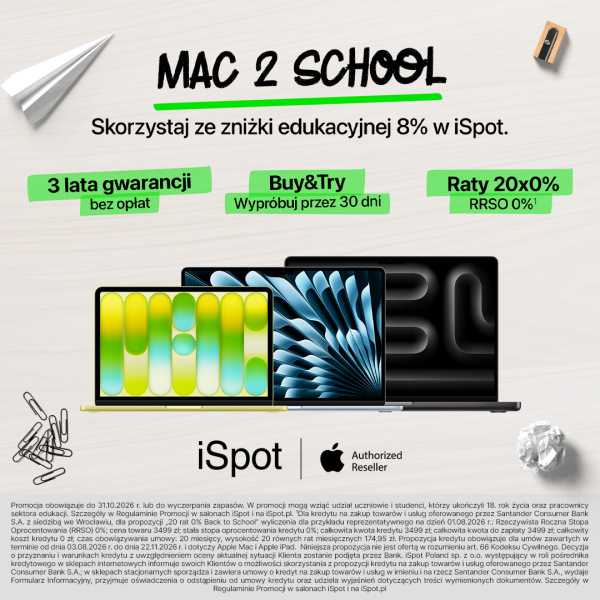 Kwadratowa grafika reklamowa marki iSpot na jasnym tle ze szkolnymi motywami, z czarnym napisem MAC 2 SCHOOL i informacją o zniżce edukacyjnej 8% w iSpot. Na środku widnieją dwa komputery MacBook z kolorowymi tapetami na ekranach oraz otaczające je zielone plakietki z informacjami: 3 lata gwarancji bez opłat, Buy&Try wypróbuj przez 30 dni oraz Raty 20x0% RRSO 0%. W dolnej części umieszczono czarne logo iSpot Authorized Reseller.