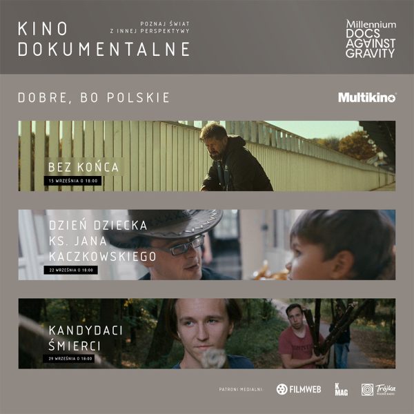Plakat promocyjny wrześniowego cyklu Kino Dokumentalne w Multikinie CH Galaxy Szczecin z harmonogramem pokazów polskich filmów dokumentalnych