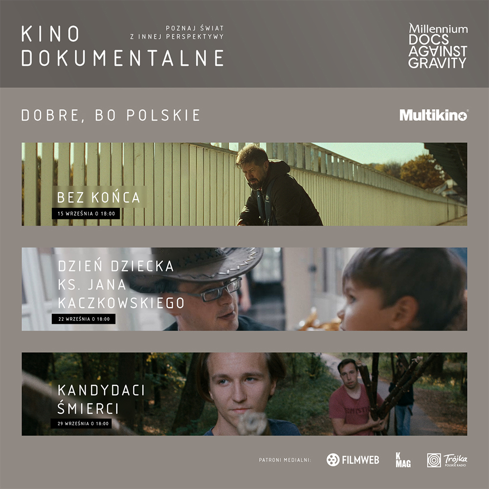Plakat promocyjny wrześniowego cyklu Kino Dokumentalne w Multikinie CH Galaxy Szczecin z harmonogramem pokazów polskich filmów dokumentalnych