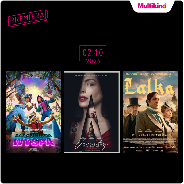 Plakat premierowy filmu Lalka obok innych nowości kinowych w oprawie graficznej Multikina w CH Galaxy Szczecin