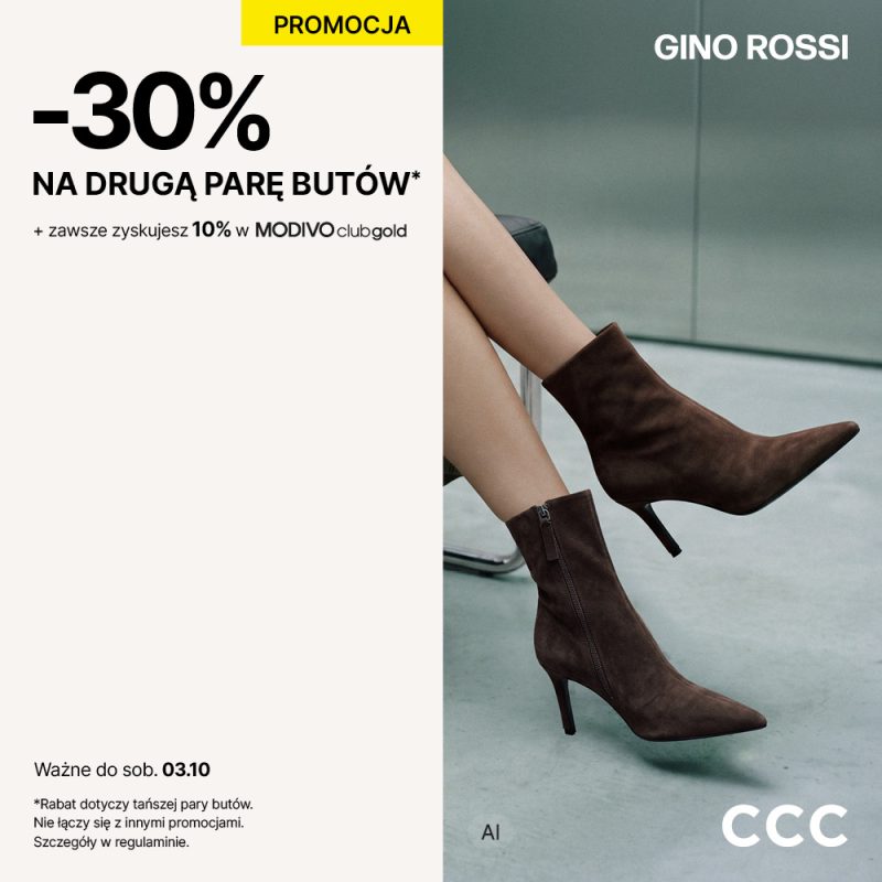 Eleganckie brązowe zamszowe botki Gino Rossi na obcasie w kadrze promocyjnym CCC z informacją o rabacie -30% na drugą parę w CH Galaxy Szczecin