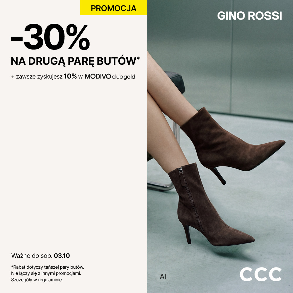 Eleganckie brązowe zamszowe botki Gino Rossi na obcasie w kadrze promocyjnym CCC z informacją o rabacie -30% na drugą parę w CH Galaxy Szczecin