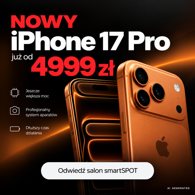 Smartfon Apple iPhone 17 Pro na plakacie promocyjnym salonu smartSPOT w CH Galaxy Szczecin cena od 4999 zł