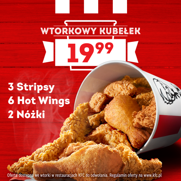 Czerwona grafika promocyjna KFC przedstawiająca Wtorkowy Kubełek pełen chrupiących kawałków kurczaka w cenie 19,99 zł w CH Galaxy Szczecin