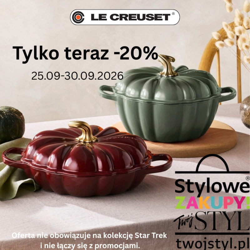 Ceramiczne naczynia żeliwne w kształcie dyń na drewnie w grafice promocyjnej Le Creuset na Stylowe Zakupy w CH Galaxy SzczecinPlakat promocyjny salonu Le Creuset w CH Galaxy Szczecin przedstawiający informację o akcji Stylowe Zakupy oraz rabacie -20%