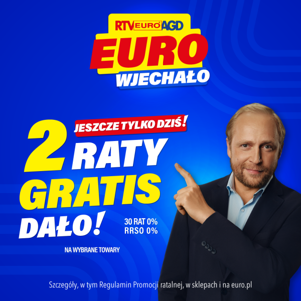 Niebiesko-żółta grafika promocyjna RTV EURO AGD informująca o akcji 2 raty gratis przy 30 ratach 0% z hasłem Jeszcze tylko dziś w CH Galaxy Szczecin