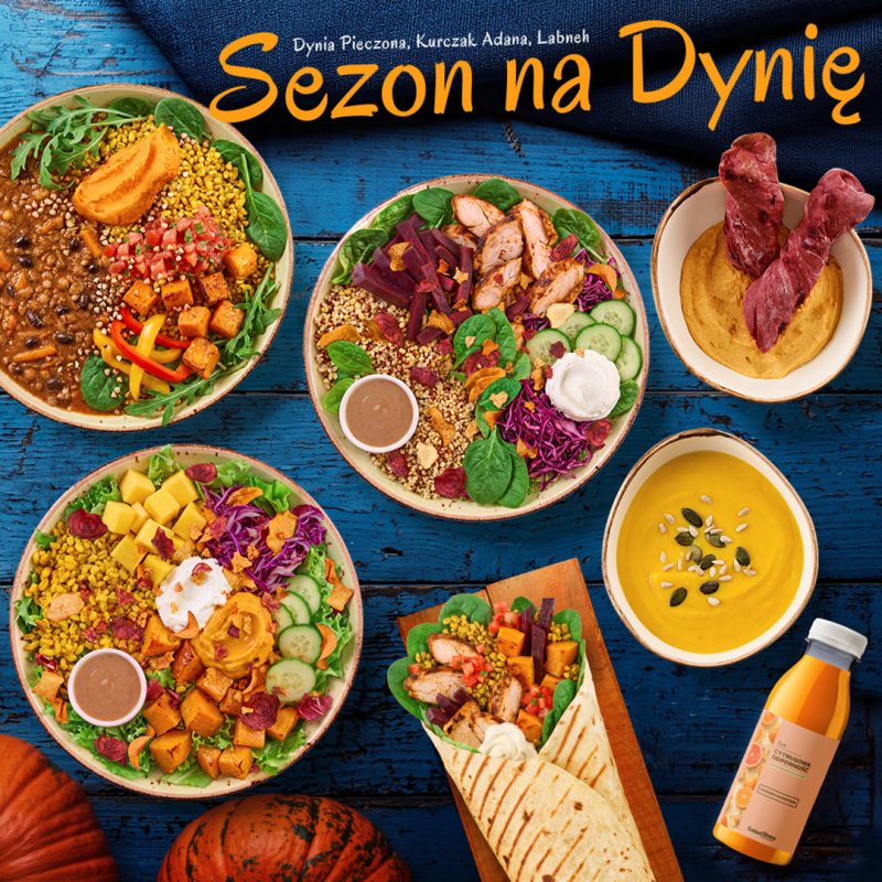 Apetyczne zestawienie jesiennych potraw z dynią, bowli, wrapa, zupy oraz propozycji z kurczakiem BBQ Adana w restauracji Salad Story w CH Galaxy Szczecin