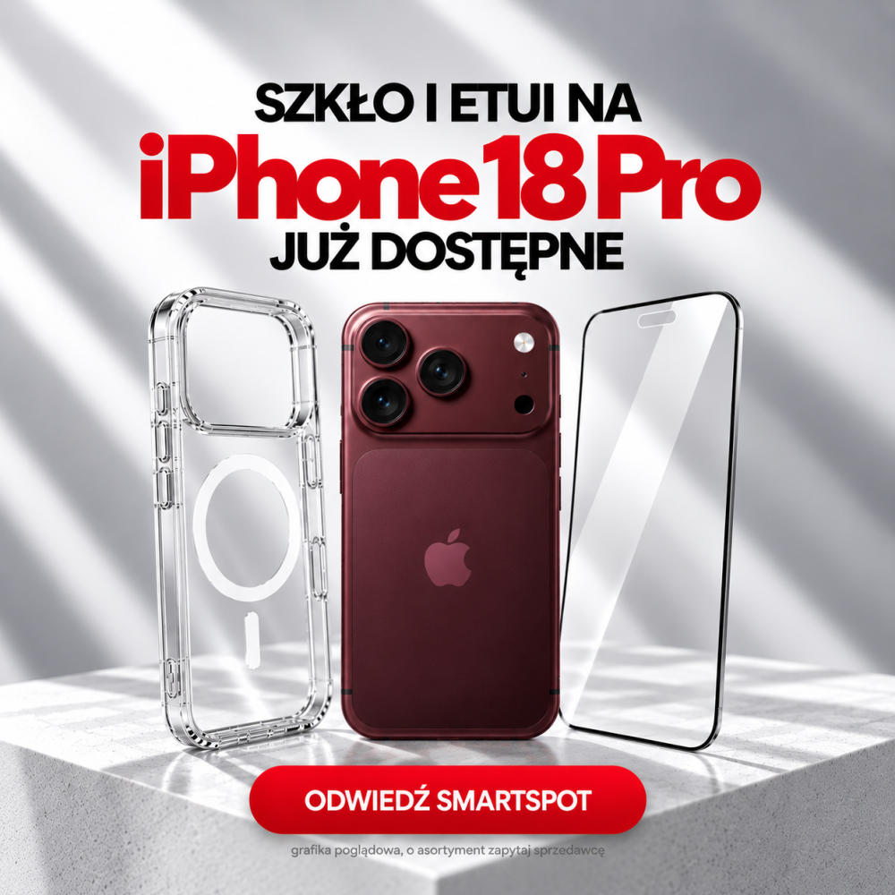 Smartfon iPhone 18 Pro w etui z osobnym przezroczystym pokrowcem i szkłem hartowanym na jasnym tle w grafice promocyjnej smartSPOT w CH Galaxy Szczecin