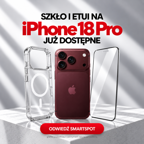 Smartfon iPhone 18 Pro w etui z osobnym przezroczystym pokrowcem i szkłem hartowanym na jasnym tle w grafice promocyjnej smartSPOT w CH Galaxy Szczecin