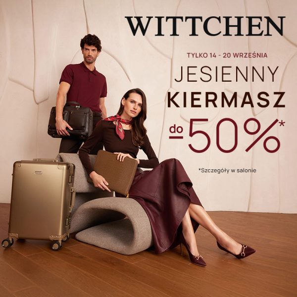 Kobieta i mężczyzna prezentujący eleganckie walizki torby i skórzane akcesoria na plakacie Jesienny Kiermasz WITTCHEN z rabatem do 50 procent w CH Galaxy Szczecin