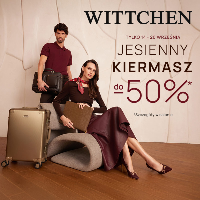 Kobieta i mężczyzna prezentujący eleganckie walizki torby i skórzane akcesoria na plakacie Jesienny Kiermasz WITTCHEN z rabatem do 50 procent w CH Galaxy Szczecin