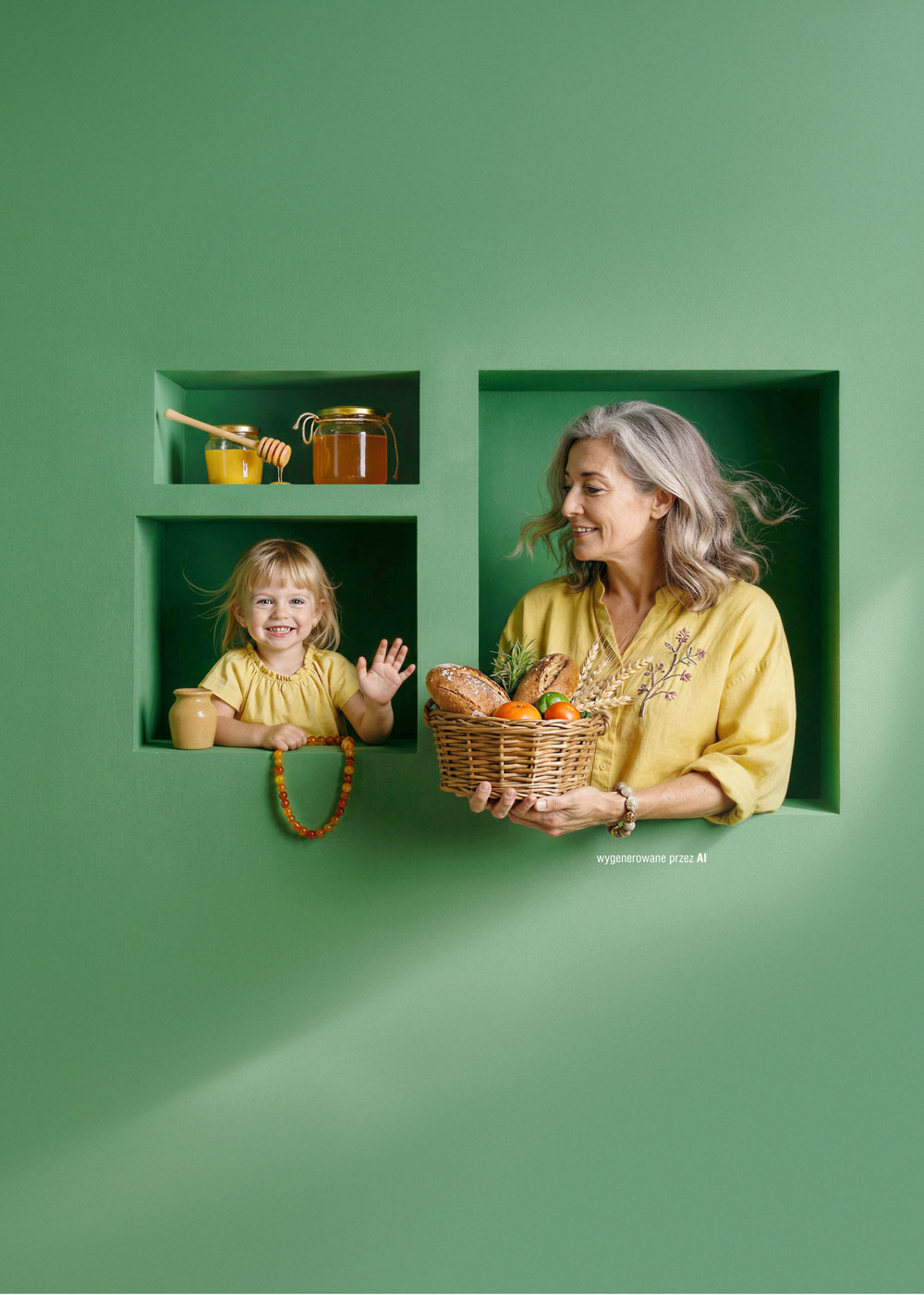 Grafika promocyjna wydarzenia Jarmark Regionalny w CH Galaxy utrzymana w zielonej tonacji. W otworach w zielonej ścianie pozują uśmiechnięte kobiety – starsza trzyma w rękach koszyk pełen wypieków i produktów regionalnych, a młodsza macha do widza. Na półkach w tle widoczne są słoiki z miodem, a całość nawiązuje do tradycyjnych wyrobów i regionalnych specjałów