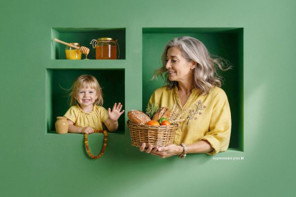 Grafika promocyjna wydarzenia Jarmark Regionalny w CH Galaxy utrzymana w zielonej tonacji. W otworach w zielonej ścianie pozują uśmiechnięte kobiety – starsza trzyma w rękach koszyk pełen wypieków i produktów regionalnych, a młodsza macha do widza. Na półkach w tle widoczne są słoiki z miodem, a całość nawiązuje do tradycyjnych wyrobów i regionalnych specjałów.