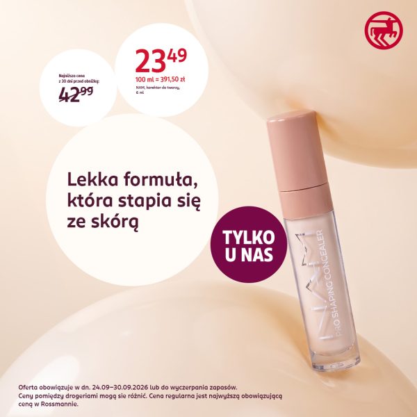 Grafika promocyjna drogerii Rossmann prezentująca korektor do twarzy NAM Pro Shaping Concealer (6 ml) w promocyjnej cenie 23,49 zł (z informacją, że najniższa cena z 30 dni przed obniżką wynosiła 42,99 zł). Na beżowym tle widoczna jest buteleczka kosmetyku oraz hasło „Lekka formuła, która stapia się ze skórą” oraz oznaczenie „TYLKO U NAS”. W dolnej części znajduje się informacja, że oferta obowiązuje w dniach 24.09–30.09.2026 r. lub do wyczerpania zapasów, a ceny pomiędzy drogeriami mogą się różnić.