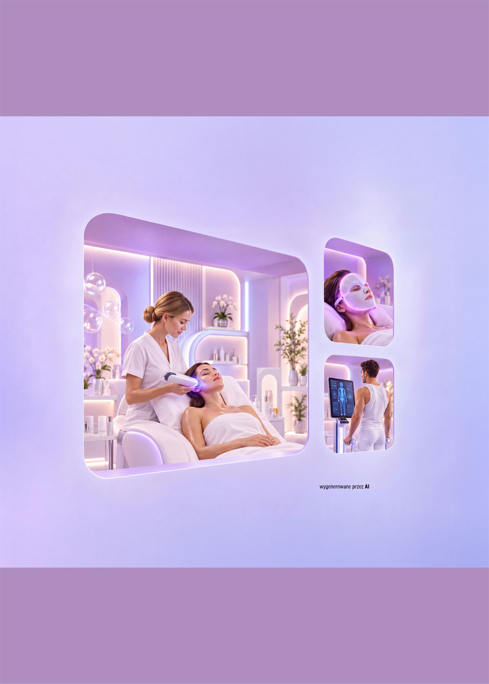 Grafika promocyjna wydarzenia „Strefa zdrowia i longevity” w CH Galaxy. Na jasnofioletowym tle w formie kolażu przedstawiono nowoczesne zabiegi pielęgnacyjne i wellness. W centralnej, dużej części kosmetyczka wykonuje zabieg na twarz leżącej klientce przy użyciu nowoczesnego urządzenia. W prawym górnym rogu widoczna jest kobieta poddająca się zabiegowi w świecącej masce LED na twarz, a w prawym dolnym rogu mężczyzna korzystający z urządzenia do analizy składu ciała lub diagnostyki medycznej przed ekranem monitora.