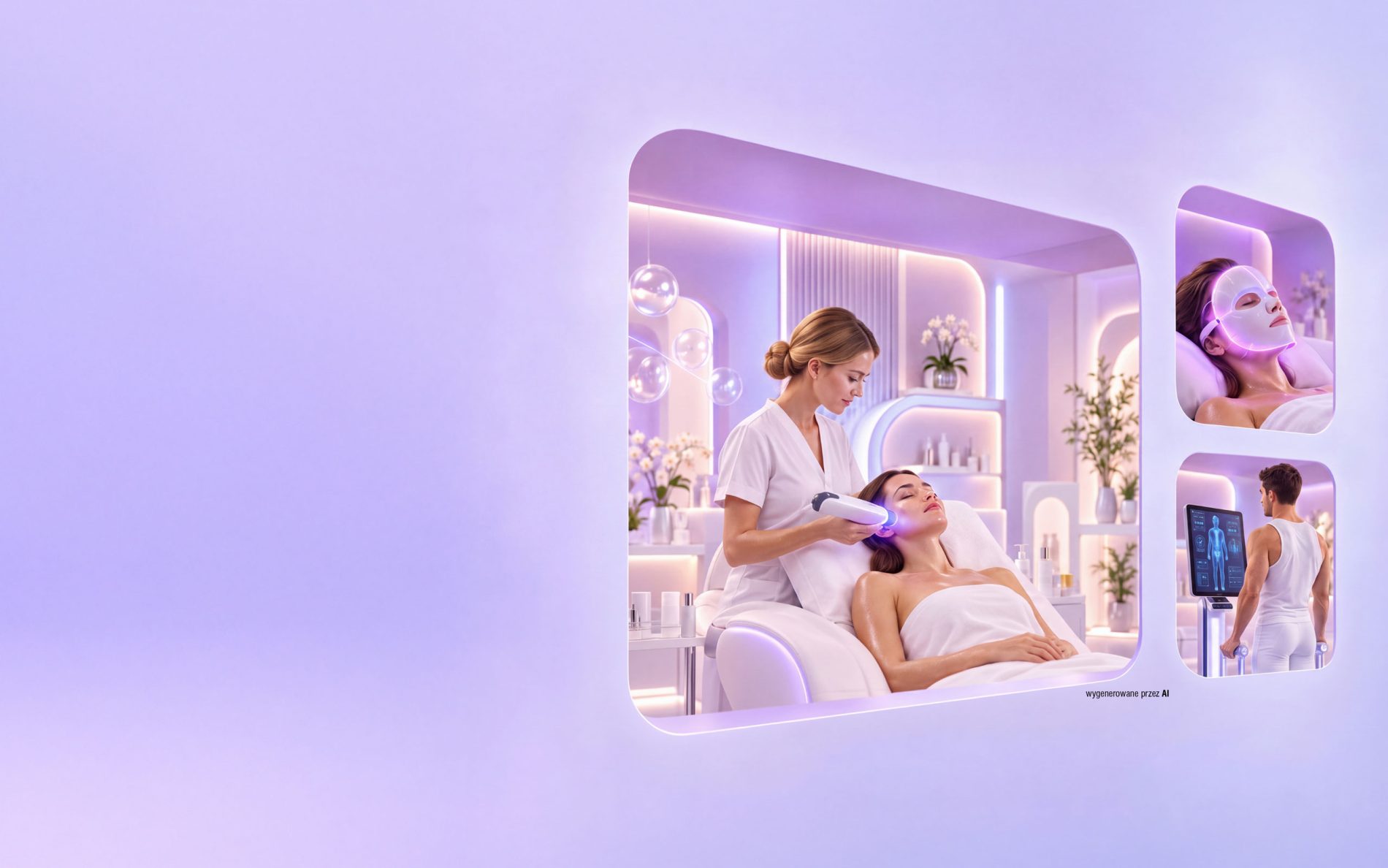 Grafika promocyjna wydarzenia „Strefa zdrowia i longevity” w CH Galaxy. Na jasnofioletowym tle w formie kolażu przedstawiono nowoczesne zabiegi pielęgnacyjne i wellness. W centralnej, dużej części kosmetyczka wykonuje zabieg na twarz leżącej klientce przy użyciu nowoczesnego urządzenia. W prawym górnym rogu widoczna jest kobieta poddająca się zabiegowi w świecącej masce LED na twarz, a w prawym dolnym rogu mężczyzna korzystający z urządzenia do analizy składu ciała lub diagnostyki medycznej przed ekranem monitora.
