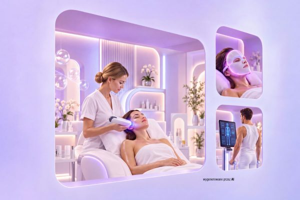 Grafika promocyjna wydarzenia „Strefa zdrowia i longevity” w CH Galaxy. Na jasnofioletowym tle w formie kolażu przedstawiono nowoczesne zabiegi pielęgnacyjne i wellness. W centralnej, dużej części kosmetyczka wykonuje zabieg na twarz leżącej klientce przy użyciu nowoczesnego urządzenia. W prawym górnym rogu widoczna jest kobieta poddająca się zabiegowi w świecącej masce LED na twarz, a w prawym dolnym rogu mężczyzna korzystający z urządzenia do analizy składu ciała lub diagnostyki medycznej przed ekranem monitora.
