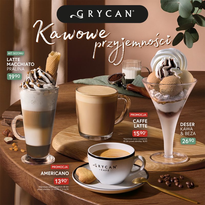 Filiżanki z kawą Americano i Caffe Latte, szklanka z Latte Macchiato Pralina oraz deser Kawa i Beza na stole z logo Grycan w CH Galaxy w Szczecinie