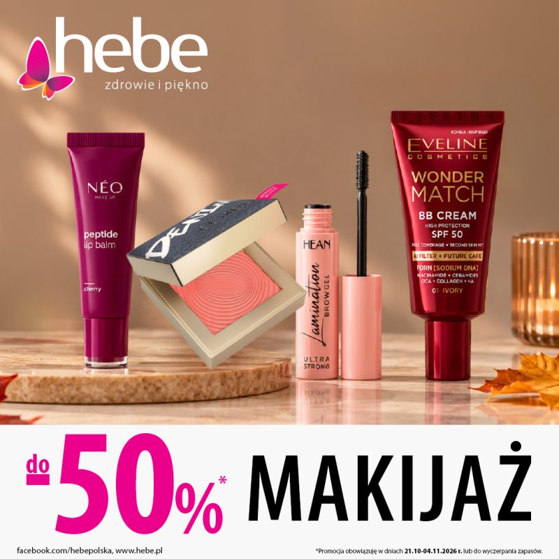 Kosmetyki do makijażu na lustrzanym blacie z logo Hebe i informacją o rabatach do -50% w CH Galaxy w Szczecinie