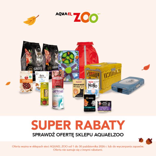 Kwadratowa grafika promocyjna sklepu zoologicznego AQUAEL ZOO w jesiennej oprawie ze spadającymi liśćmi i żołędziami. Prezentuje szeroki asortyment produktów: karmy i puszki marek Savory, Brit, Carnilove, Kattovit, Appétit, Wataha, a także matę węchową oraz transportery dla zwierząt. Na dole umieszczono duży pomarańczowy napis SUPER RABATY SPRAWDŹ OFERTĘ SKLEPU AQUAELZOO.