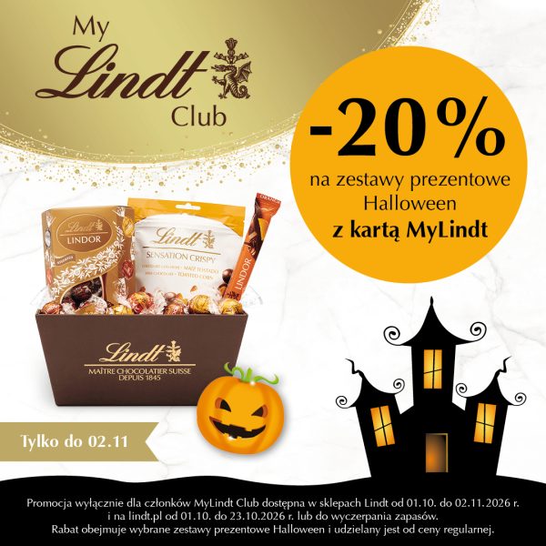 Kwadratowa grafika promocyjna marki Lindt w klimacie Halloween. Po lewej stronie przedstawiono kosz prezentowy pełen słodkości Lindt (m.in. Lindor, Sensation Crispy) obok dyniowej głowy, a po prawej stronie nawiedzony dom, logo MyLindt Club oraz żółte koło z dużym napisem -20% na zestawy prezentowe Halloween z kartą MyLindt. Na dole widnieje napis Tylko do 02.11.