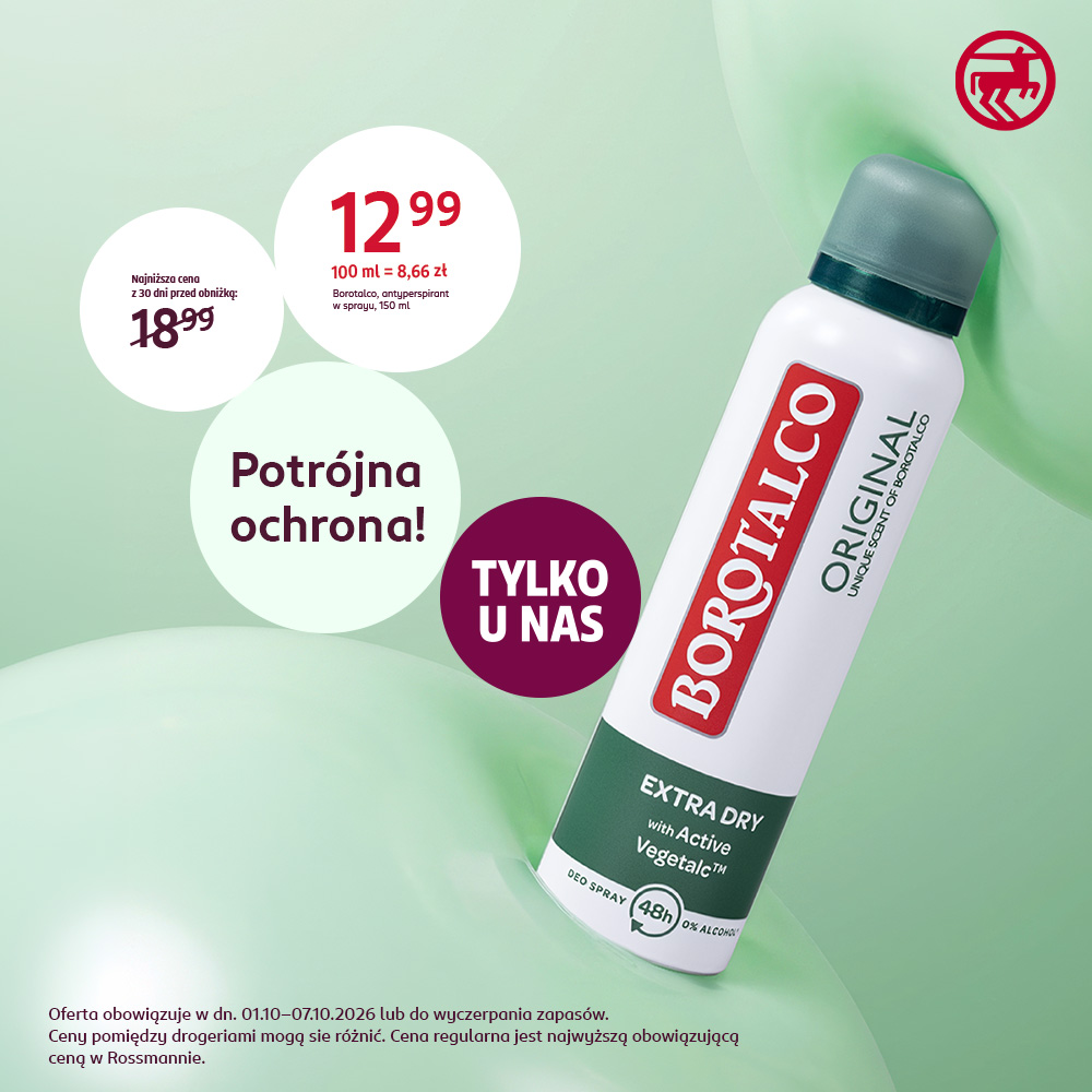 Kwadratowa grafika promocyjna drogerii Rossmann na jasnozielonym tle. Przedstawia opakowanie antyperspirantu w sprayu Borotalco Original Extra Dry 150 ml. W białych kółkach umieszczono informację o cenie promocyjnej 12,99 zł, najniższej cenie z 30 dni przed obniżką 18,99 zł, hasło Potrójna ochrona! oraz bordowy stempel TYLKO U NAS. W prawym górnym rogu widnieje czerwony sygnet Rossmann.