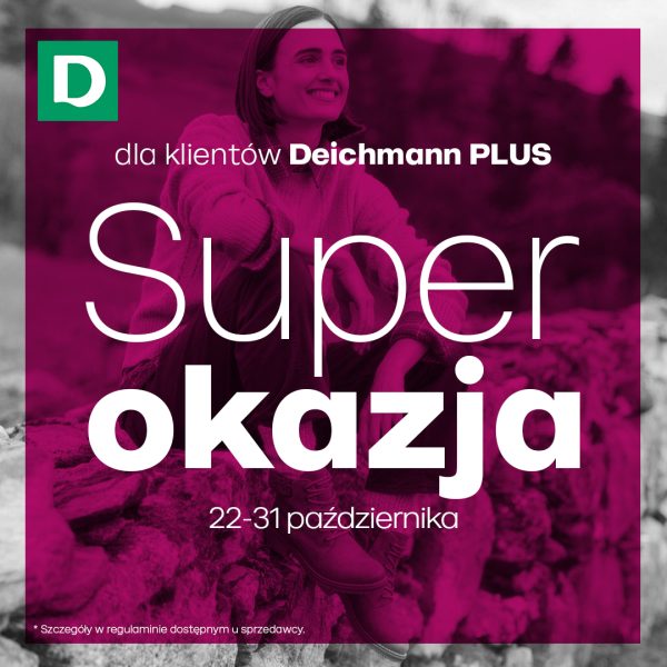Kobieta w swetrze i sznurowanych butach za kostkę siedząca na kamiennym murku w górskim krajobrazie, w różowym filtrze, z logo Deichmann i hasłem „Super okazja 22–31 października”
