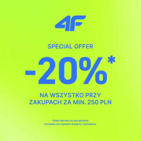 Jasnozielona grafika promocyjna marki 4F informująca o akcji Special Offer z rabatem -20% na wszystko przy zakupach za min. 250 PLN w CH Galaxy Szczecin