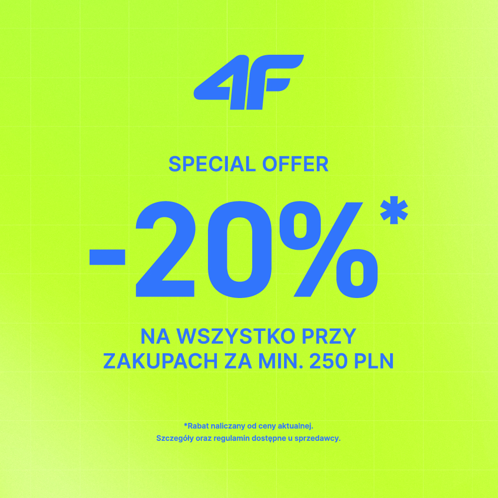 Jasnozielona grafika promocyjna marki 4F informująca o akcji Special Offer z rabatem -20% na wszystko przy zakupach za min. 250 PLN w CH Galaxy Szczecin