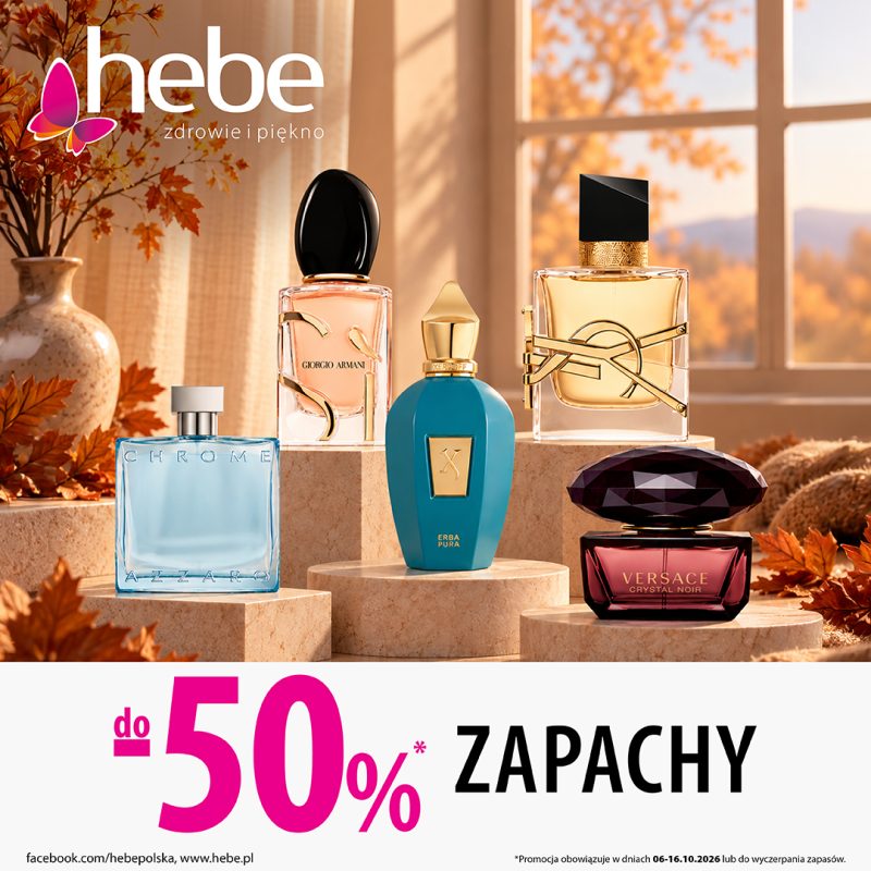 Flakony markowych perfum w tym Giorgio Armani i Versace otoczone jesiennymi liśćmi w grafice promocyjnej Hebe dla CH Galaxy Szczecin