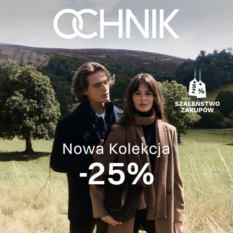 Elegancka para w brązowym płaszczu i ciemnej kurtce na tle jesiennych wzgórz z informacją o rabacie -25% na nową kolekcję w salonie OCHNIK w CH Galaxy w Szczecinie