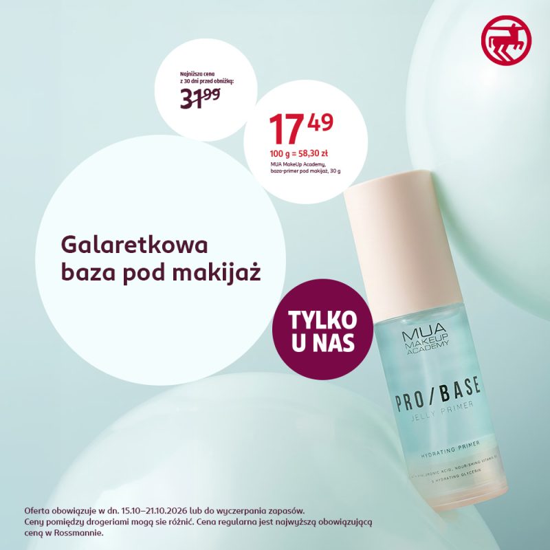 Jasnoniebieska buteleczka galaretkowej bazy pod makijaż MUA MakeUp Academy PRO BASE Jelly Primer na miękkim pastelowym tle w grafice Tylko u nas dla Rossmanna w CH Galaxy Szczecin