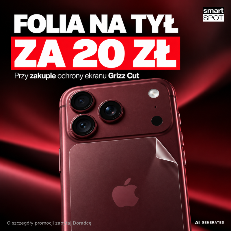 Smartfon w ciemnoczerwonym kolorze z odklejającą się folią ochronną na pleckach w grafice promocyjnej smartSPOT dla CH Galaxy Szczecin