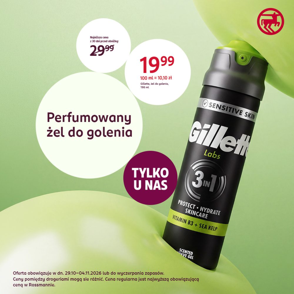 Puszka żelu do golenia Gillette Labs 3w1 Sensitive Skin w czarno-limonkowym opakowaniu na tle zielonych kształtów, obok ceny 19,99 zł i napisu „Perfumowany żel do golenia – tylko u nas”