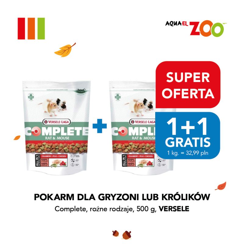 Grafika promocyjna sklepu Aquael Zoo przedstawiająca pokarm dla gryzoni lub królików w ofercie „1+1 gratis”. Na białym tle z motywem jesiennych liści widoczne są dwa opakowania karmy Versele-Laga Complete Rat & Mouse (po 500 g). W prawym górnym rogu znajduje się logo marki Aquael Zoo oraz czerwono-niebieskie oznaczenie „Super Oferta: 1+1 gratis”. W dolnej części umieszczono napis „Pokarm dla gryzoni lub królików Complete, różne rodzaje, 500 g, Versele” oraz informację o cenie przeliczeniowej.